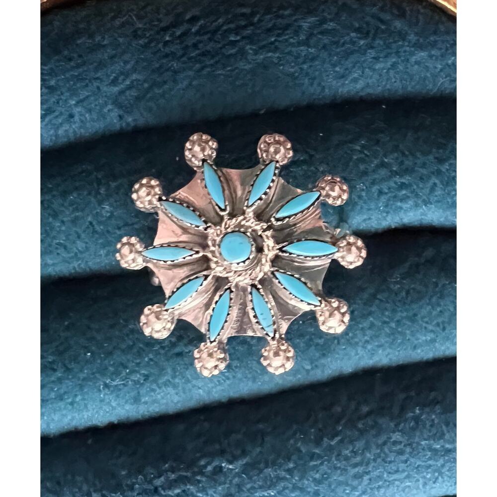 Zuni Turquoise Ring Sterling Silver Size 6 Starburst by Merlinda Chavez Native